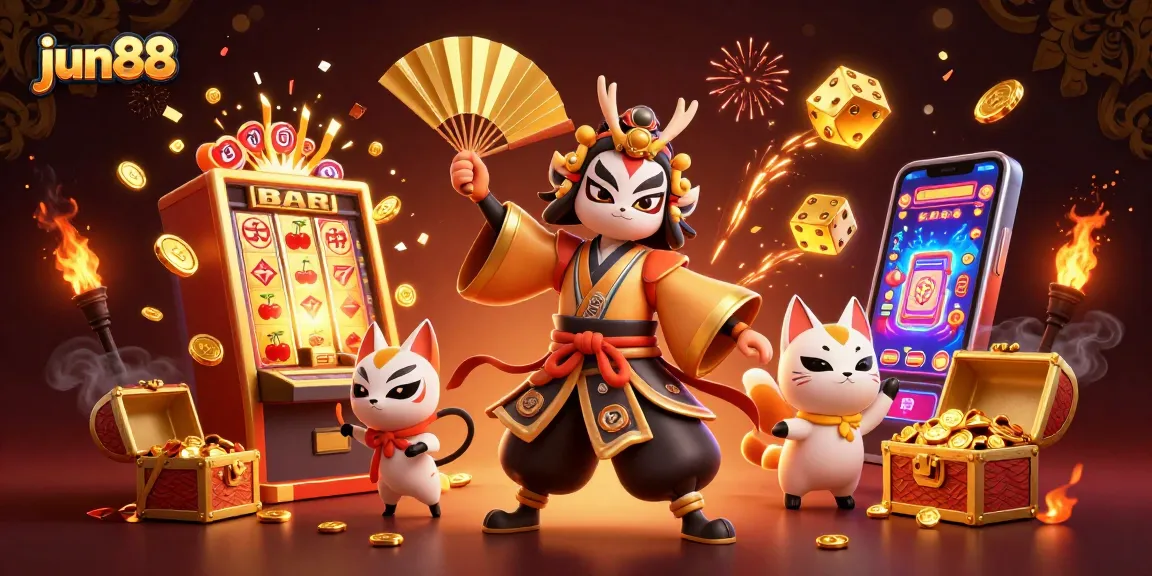 Experience the excitement of jun88 in a vibrant 3D casino-themed illustration filled with rich gambling elements.