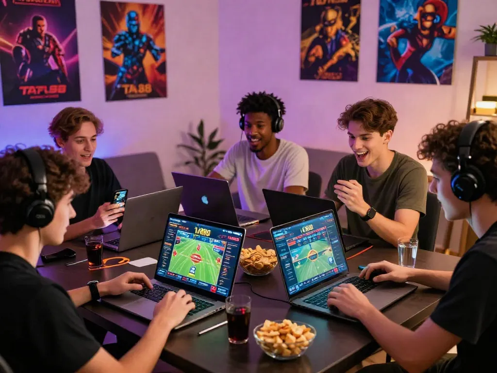 Engaged users exploring online betting platform TA88 during a social gaming night.