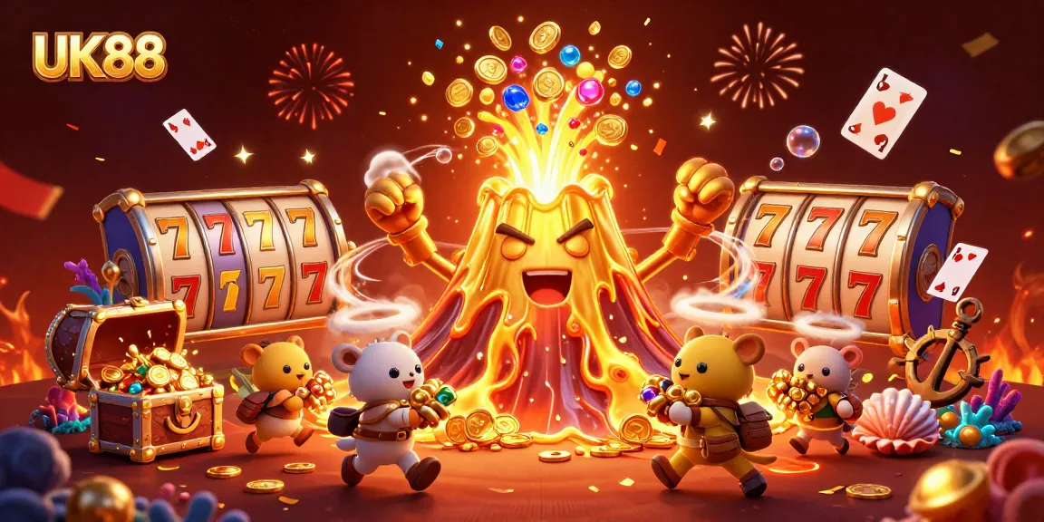 Win big with UK88 at this vibrant casino-themed illustration showcasing slots and treasures.