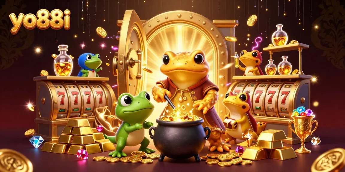 yo88i showcases a vibrant 3D scene of magical casino elements bursting with gold and slot machines, emphasizing excitement.