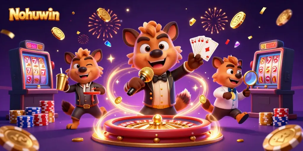 Experience the thrill of Nohuwin casino with immersive 3D elements, vibrant colors, and dynamic characters.