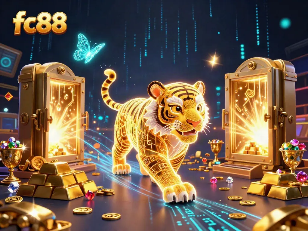Experience thrilling gameplay with fc88 featuring a neon tiger and digital treasures in a vibrant casino.