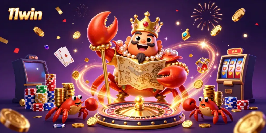 Play exciting games at 11win with the golden crab emperor surrounded by treasure and casino elements.