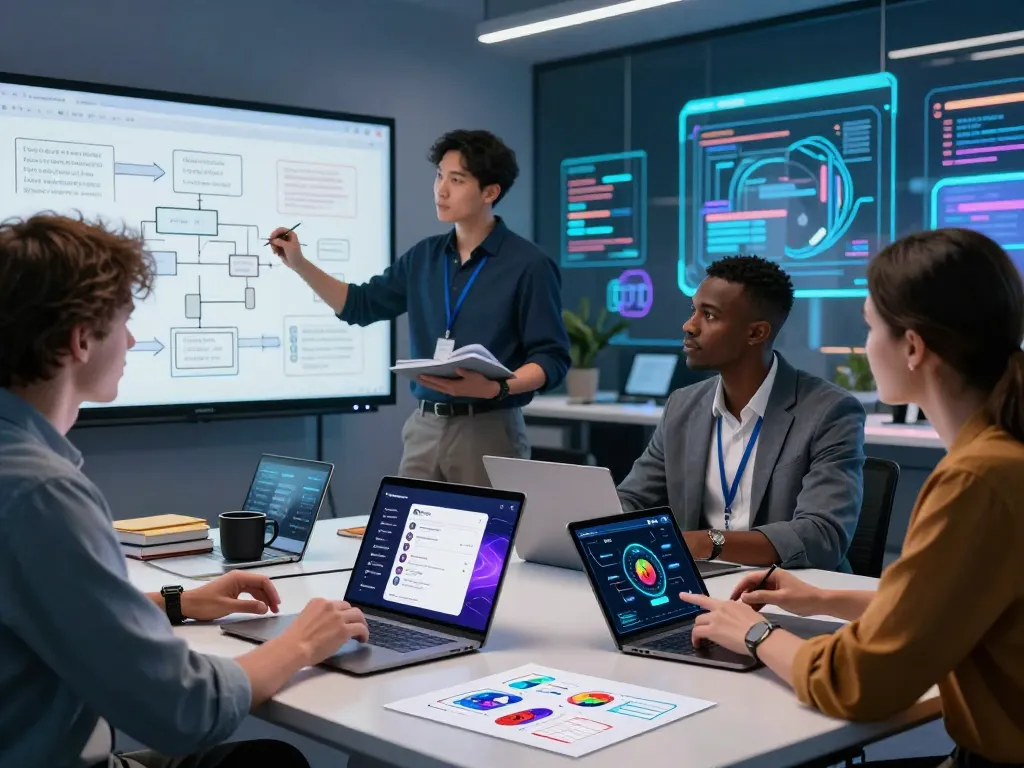 Colleagues collaborating on spicy ai chatbot innovations in modern workspace.