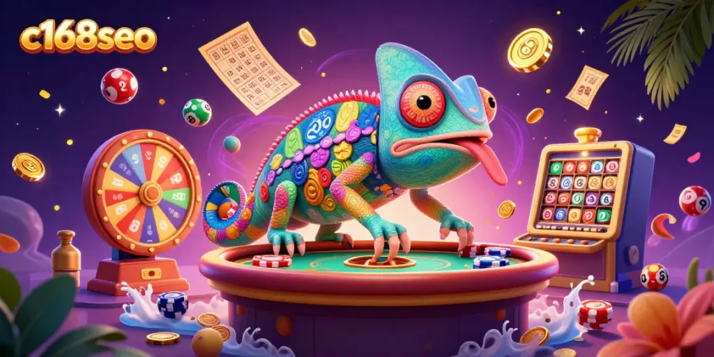 Spin, win, and play at c168seo's lively carnival of gambling excitement with a colorful chameleon.