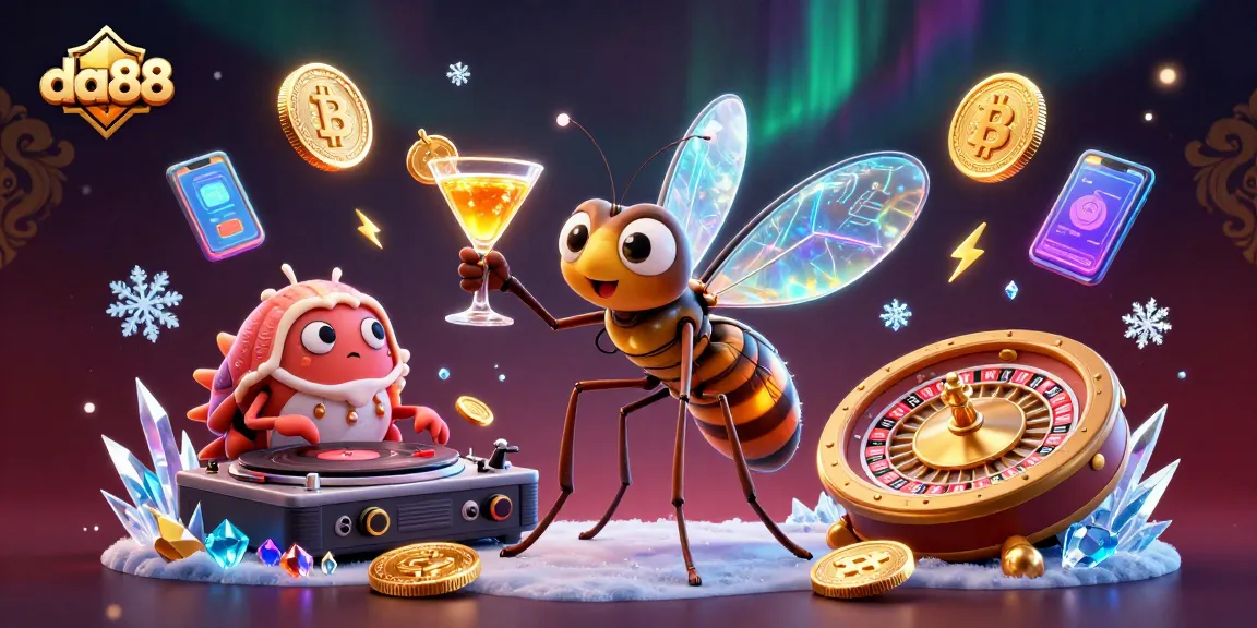 Engage with da88 at a lively casino, featuring a frozen mosquito mascot, trilobite DJ, and golden roulette wheel.