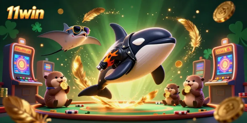 Experience 11win's aquatic adventure with orca bikers and otters in a vibrant casino setting.