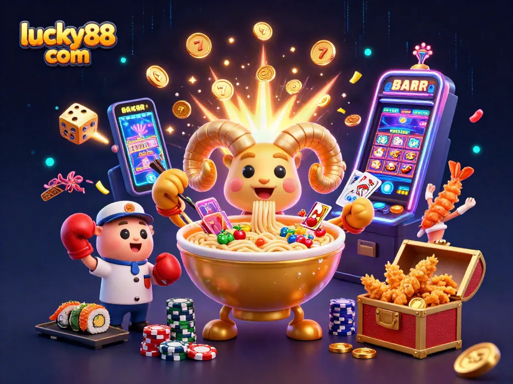 Experience the excitement of lucky88 com with a vibrant casino scene featuring a golden ramen bowl and flying jackpot symbols.