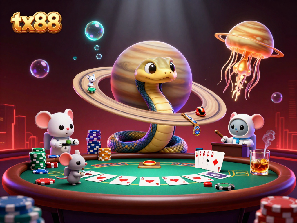tx88 gamblers placing bets in a vibrant casino scene with a cosmic dealer.