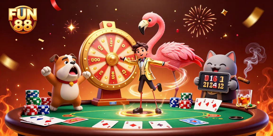 Engage with FUN 88 through a lively casino scene featuring gaming and prizes.