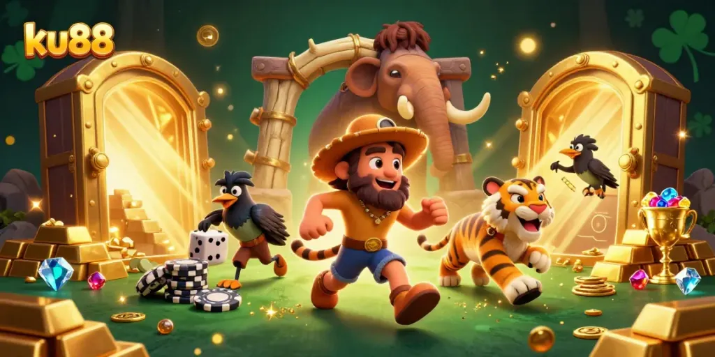 Engage in exhilarating gaming adventures at ku88 with a dynamic prehistoric casino scene.