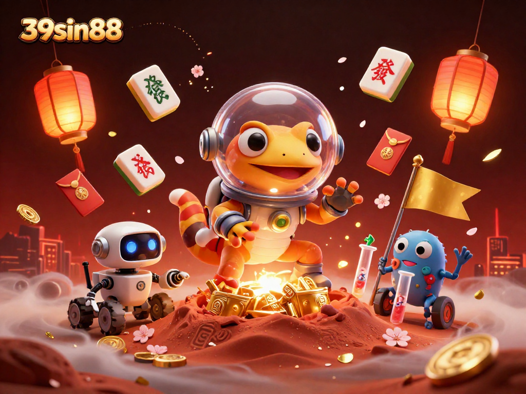 39sin88 showcases a Martian gecko discovering a golden casino in a vibrant 3D illustration.