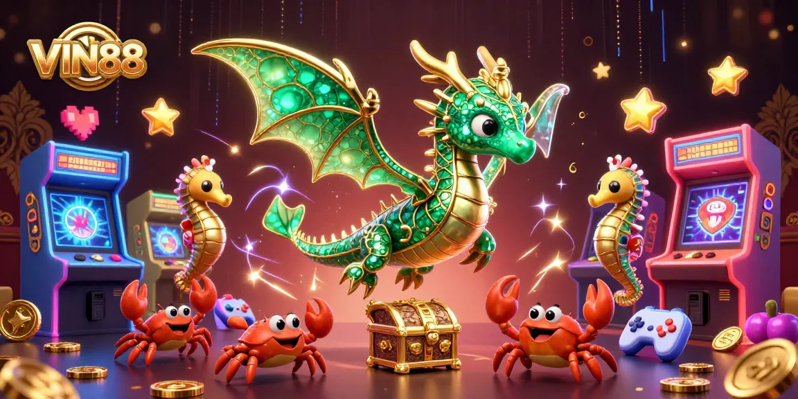 Experience thrilling gaming adventures with VIN88, featuring colorful arcade machines and an enchanting sea dragon.