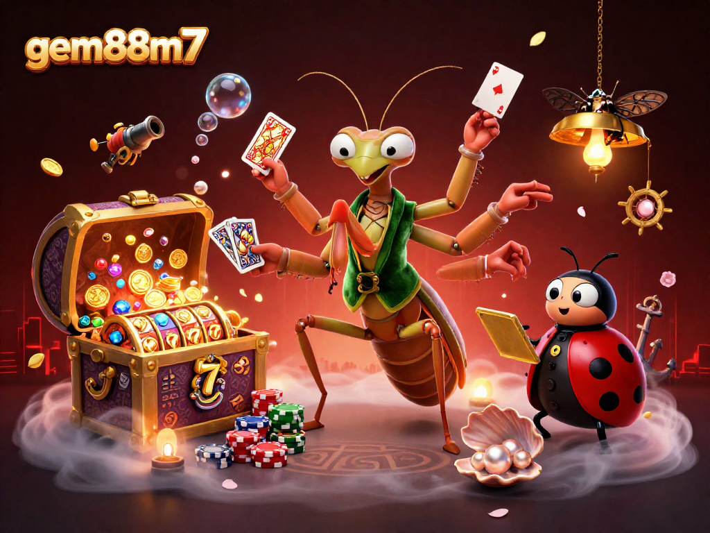 Experience the thrilling atmosphere of gem88m7 with a dynamic 3D casino scene featuring vibrant characters and exciting game elements.