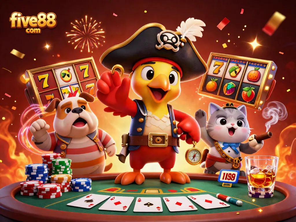 Engage in a vibrant scene at five88 com with poker chips and slot reels, capturing a lively casino atmosphere.