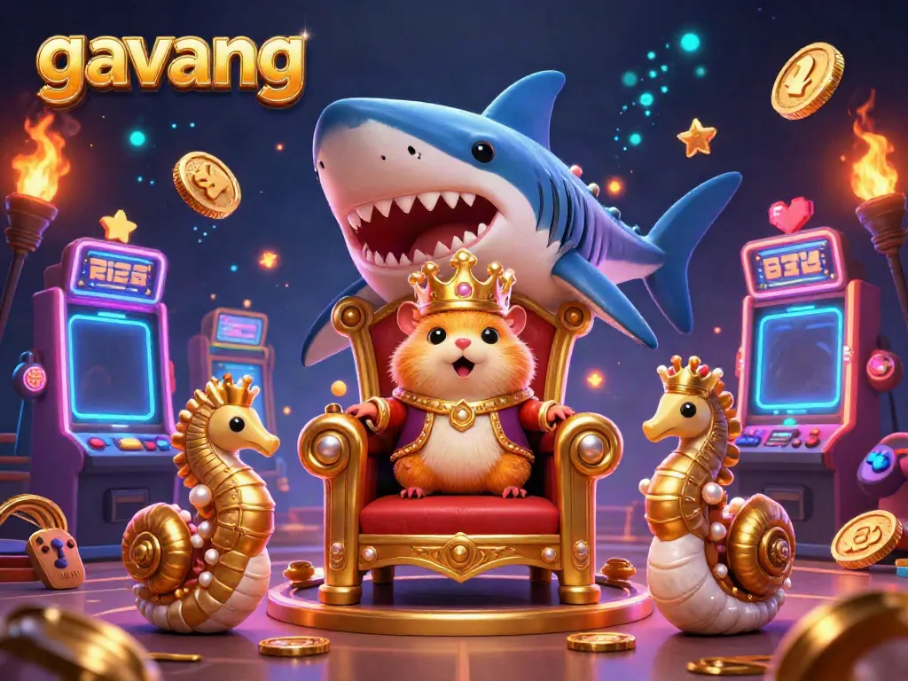 Experience thrilling gaming action with Gavang's vibrant and dynamic casino-themed scene featuring a golden hamster king.