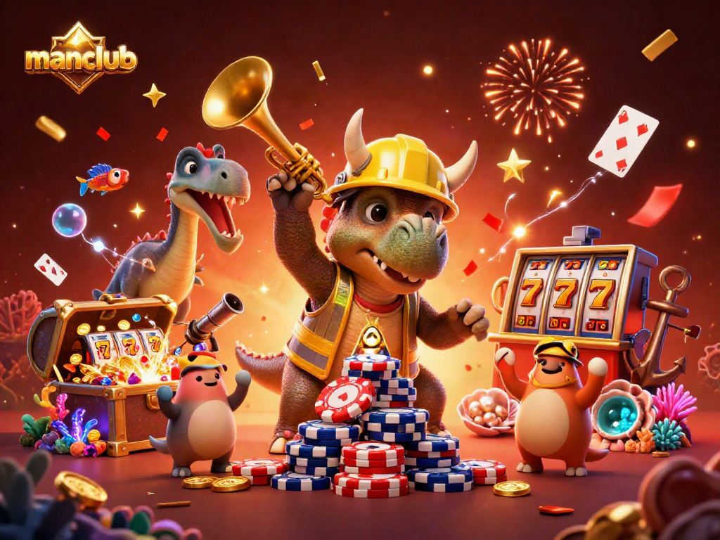 Engage with manclub gaming, where a lively triceratops celebrates building a thrilling poker chip pyramid.
