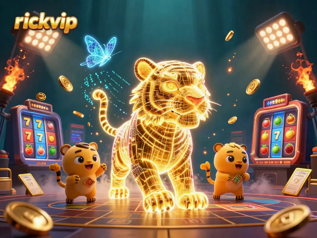 Experience the thrilling world of rickvip with a neon-wireframe tiger amidst a bustling slot scene, exuding casino energy.