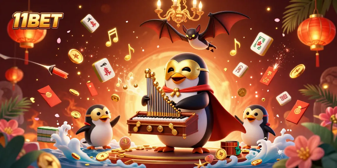 Experience excitement with 11BET as a phantom opera penguin creates magic at a glittering casino.