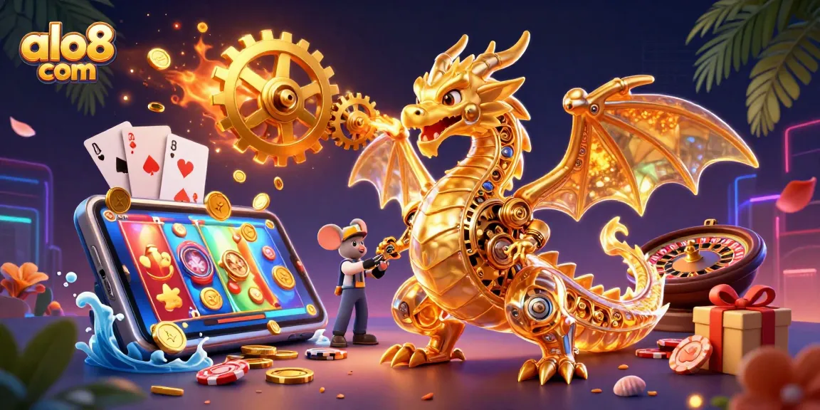 Experience thrilling gameplay at alo8 com with a golden dragon and vibrant casino elements.
