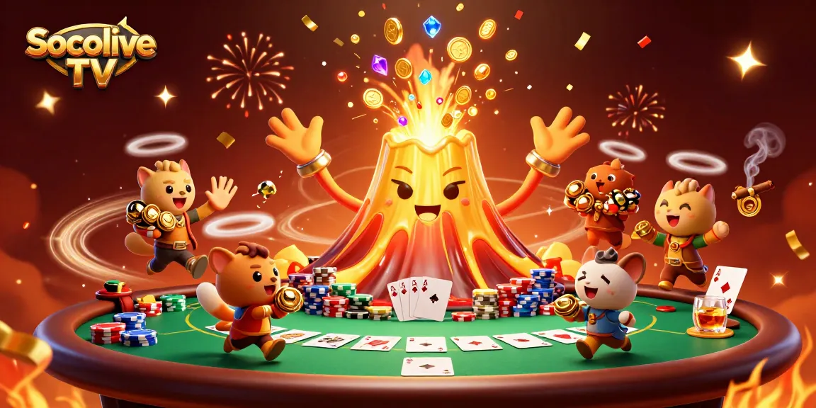 Socolive TV showcases an energetic scene with a volcano spilling gold coins and poker elements.