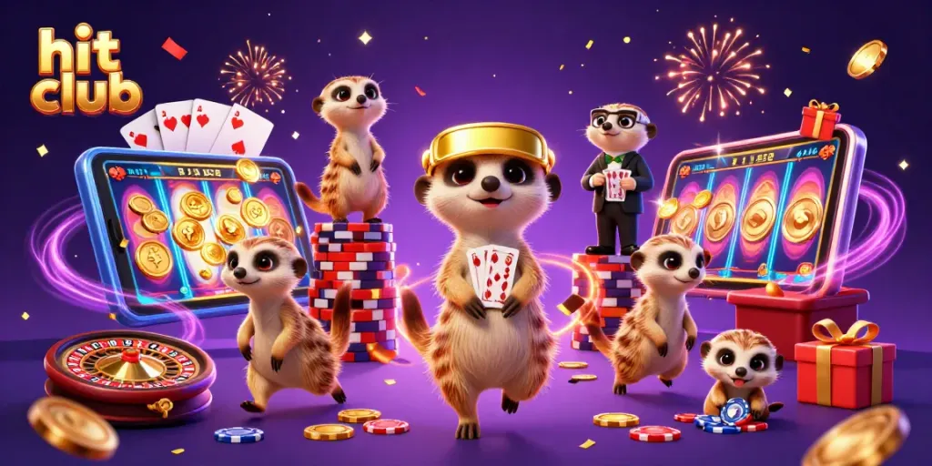 Win big at hit club with a vibrant 3D casino scene featuring energetic meerkats.