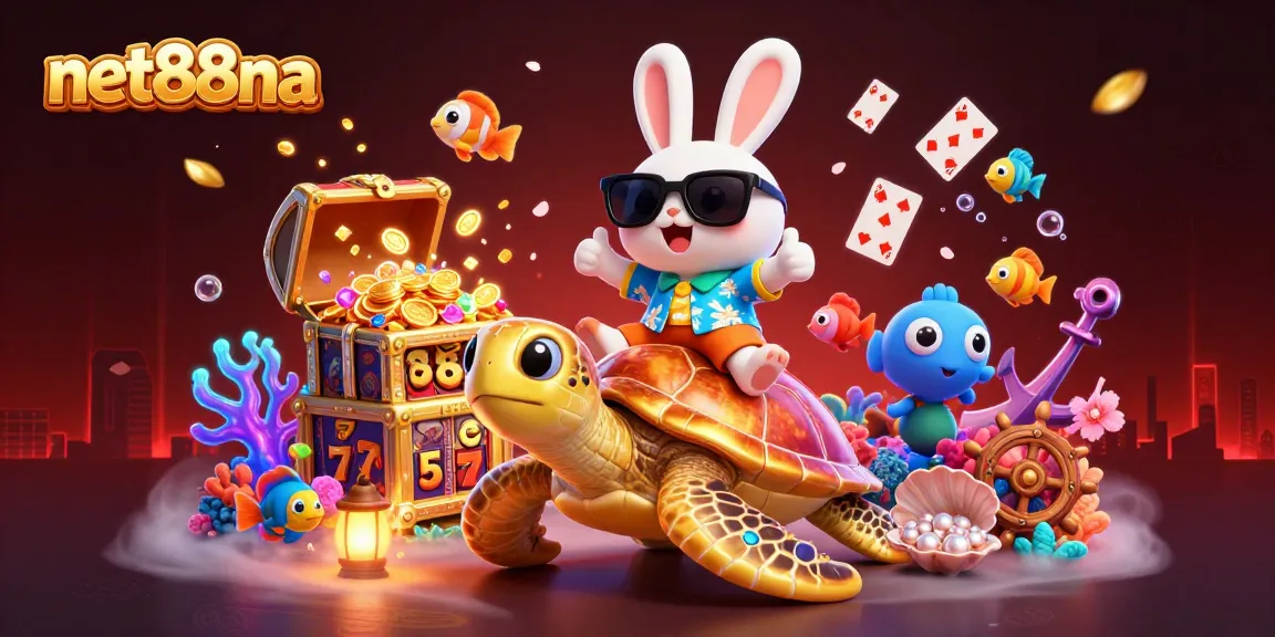 Engage in thrilling casino action with net88na's vibrant gaming scene, featuring a lucky rabbit and sea turtle.