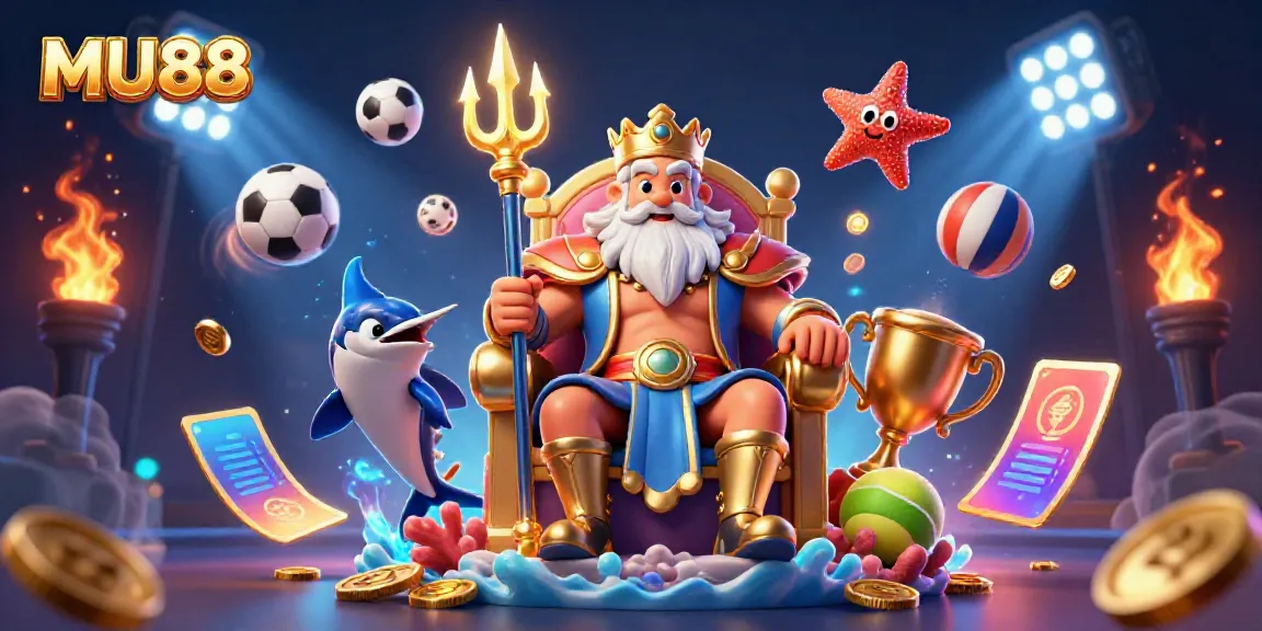 Engage with MU88 by enjoying a spirited online gaming scene featuring Neptune and sports elements.