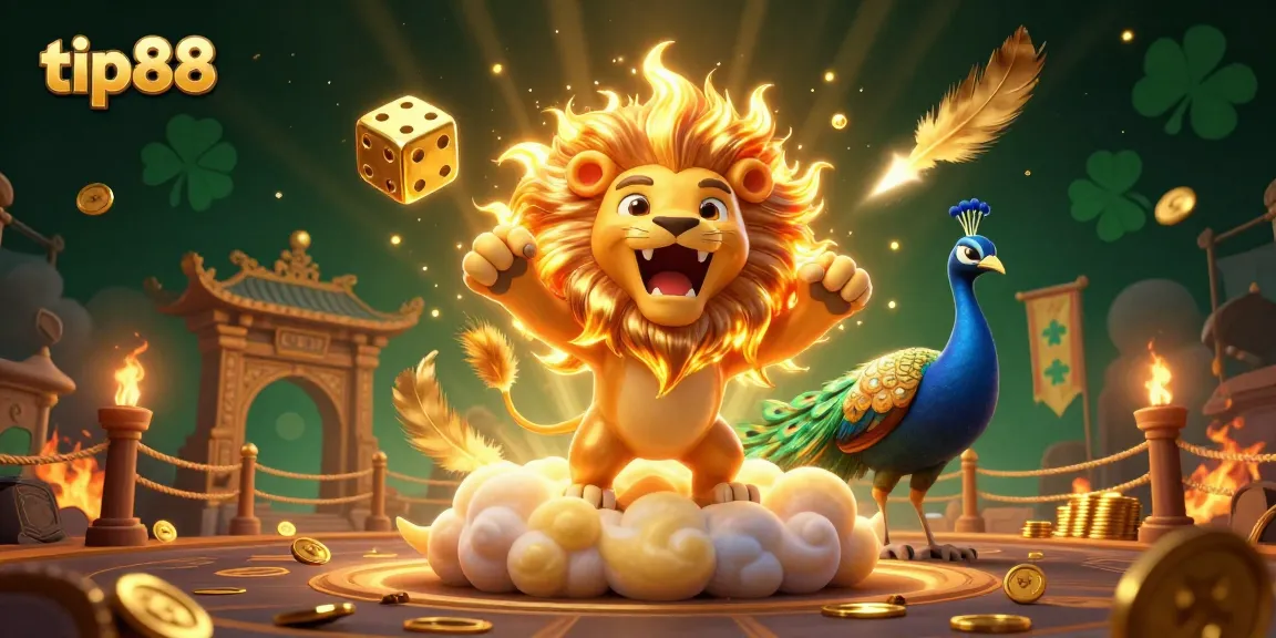 Engage with tip88 in a vibrant online casino scene featuring a golden lion and cosmic dice.