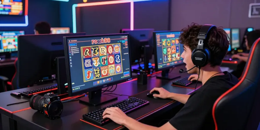 Player enjoying rokok88 slot on a vibrant gaming setup with dynamic lighting.