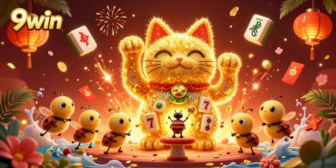 Engage with 9win’s vibrant casino world featuring a lucky cat and golden elements.