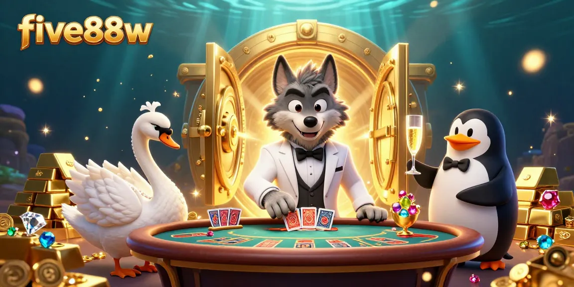 Experience the thrill of five88w with the debonair wolf and elegant characters at the baccarat table.