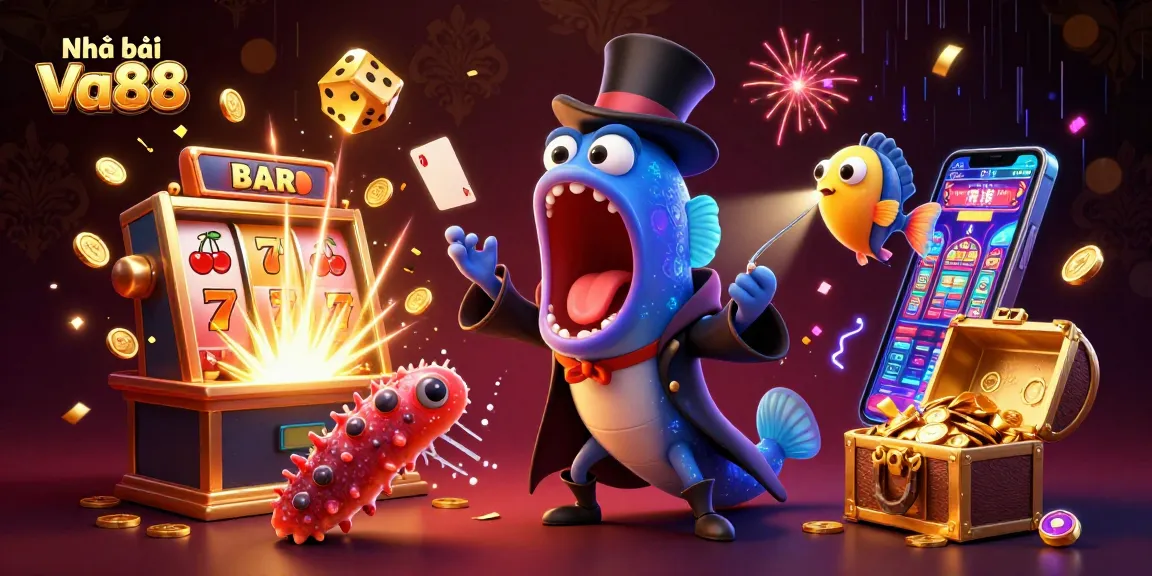 Engaging scene showcasing Nhà cái Va88 with an eel magician performing tricks amid colorful casino elements.