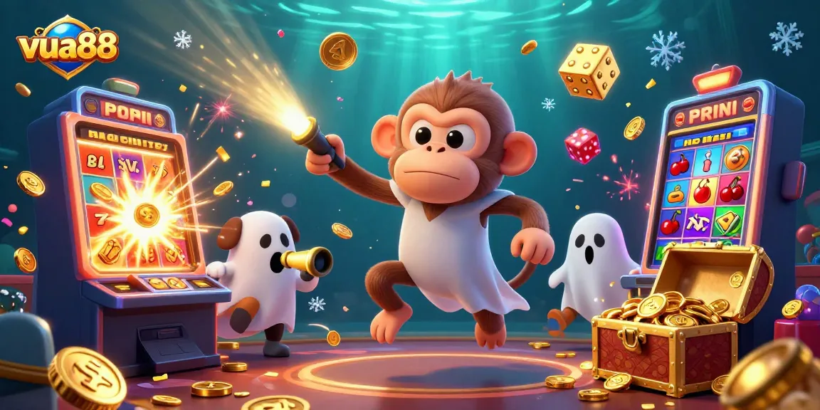 The vibrant casino scene showcases a mischievous monkey juggling for vua88 and a ghost-hunter puppy seeking treasures.
