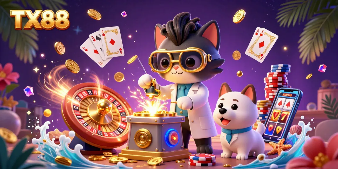 Experience the thrill of TX88 with flying coins and vibrant casino elements in this dynamic illustration.