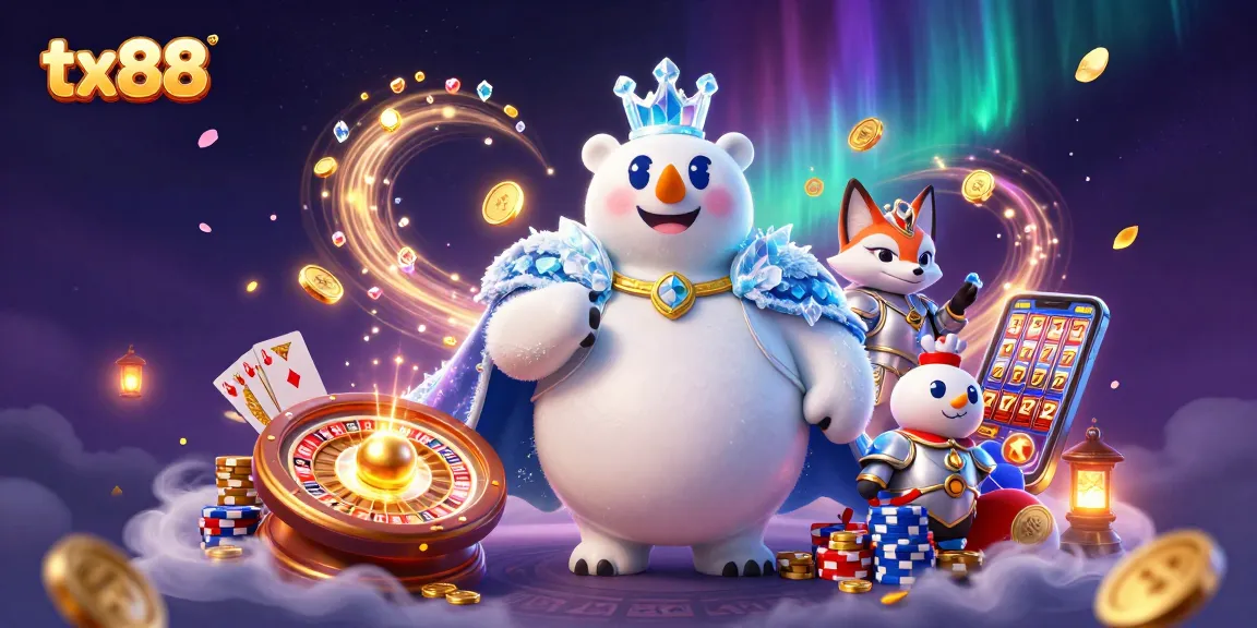 Play exciting games on tx88 with a dynamic illustration of icy royalty and casino treasures.