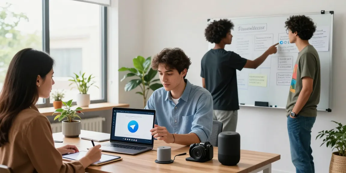 Download Telegram in a tech workspace with professionals showcasing app features and collaboration.