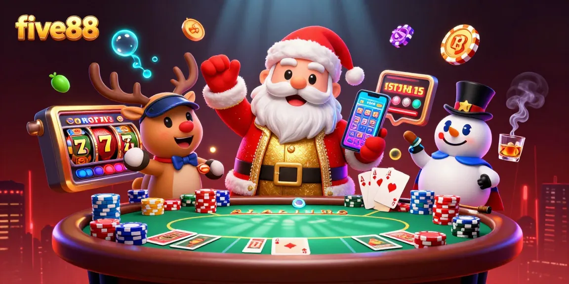 Experience excitement with five88 in a vibrant casino scene featuring Santa, a reindeer, and a snowman.