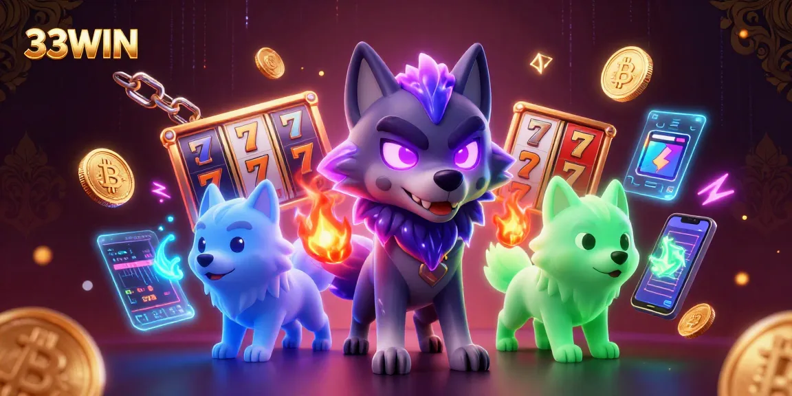Experience thrilling gameplay with 33WIN's vibrant 3D illustration depicting exciting slot machines and cryptocurrency.