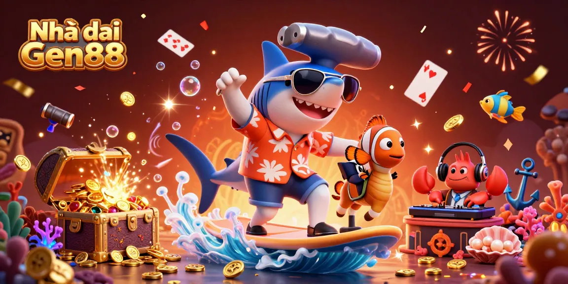 Experience the excitement of Nhà cái Gen88 with colorful underwater adventures featuring a shark surfing coins.