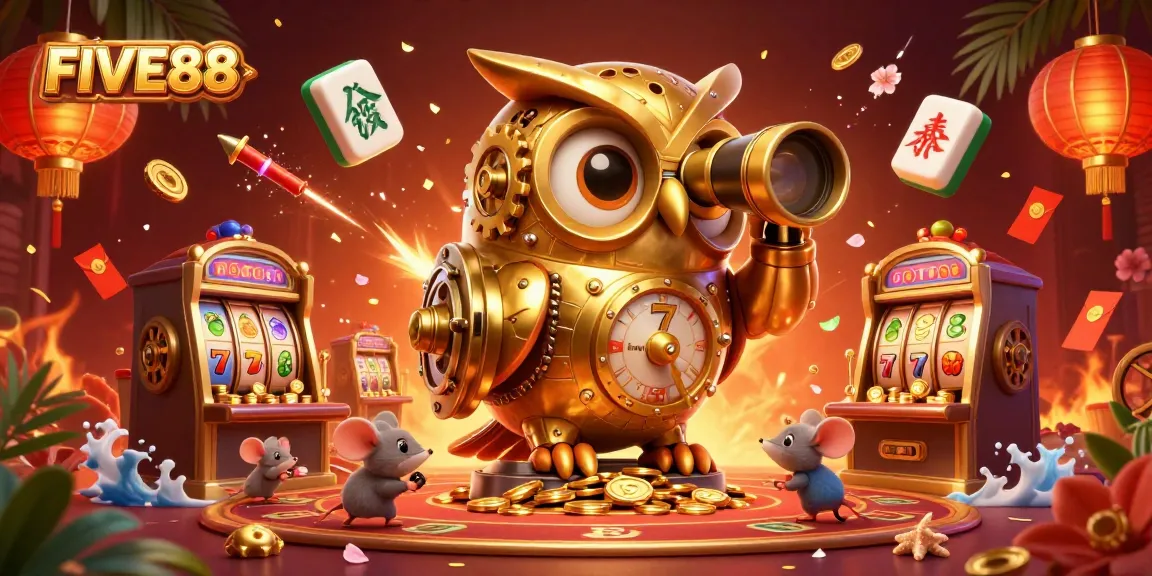 Experience the vibrant energy at FIVE88 casino with a dazzling 3D illustration featuring a golden owl and lively gaming elements.