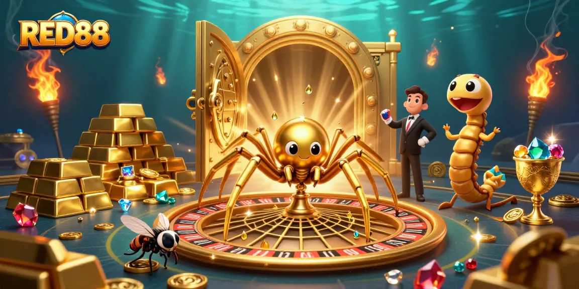 Experience thrilling betting at RED88 with a whimsical casino scene featuring a golden spider and a centipede croupier.