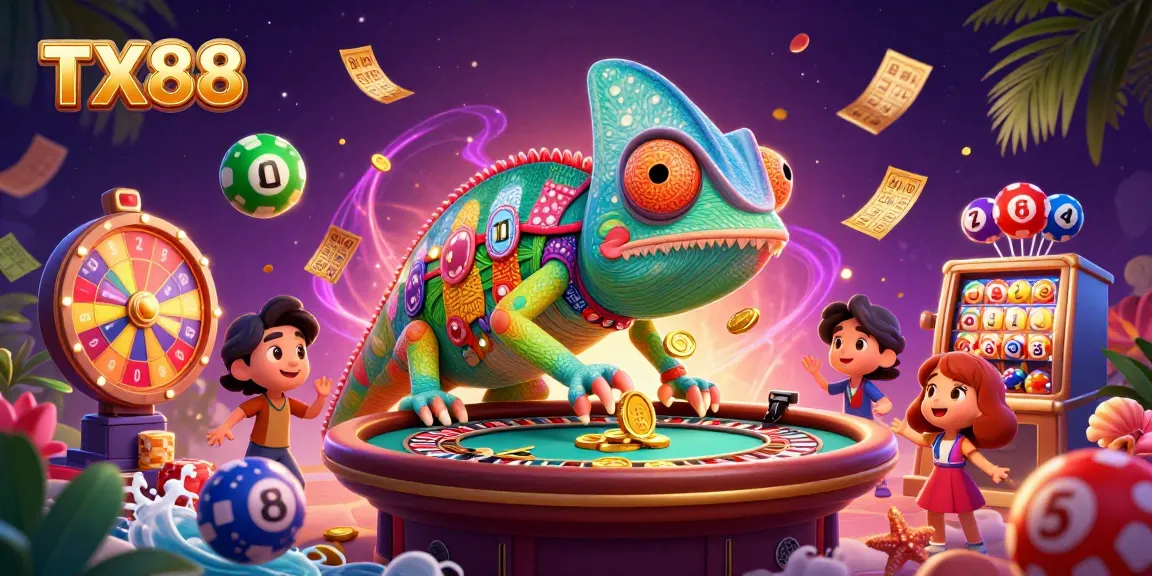Experience the vibrant world of TX88 with a chameleon casino owner amidst dynamic lottery balls and games.