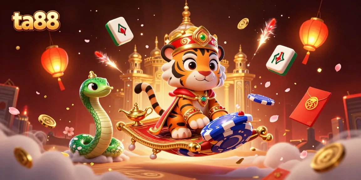 Engage in thrilling gaming at ta88 with a vibrant 3D depiction of a tiger sultan and casino elements.