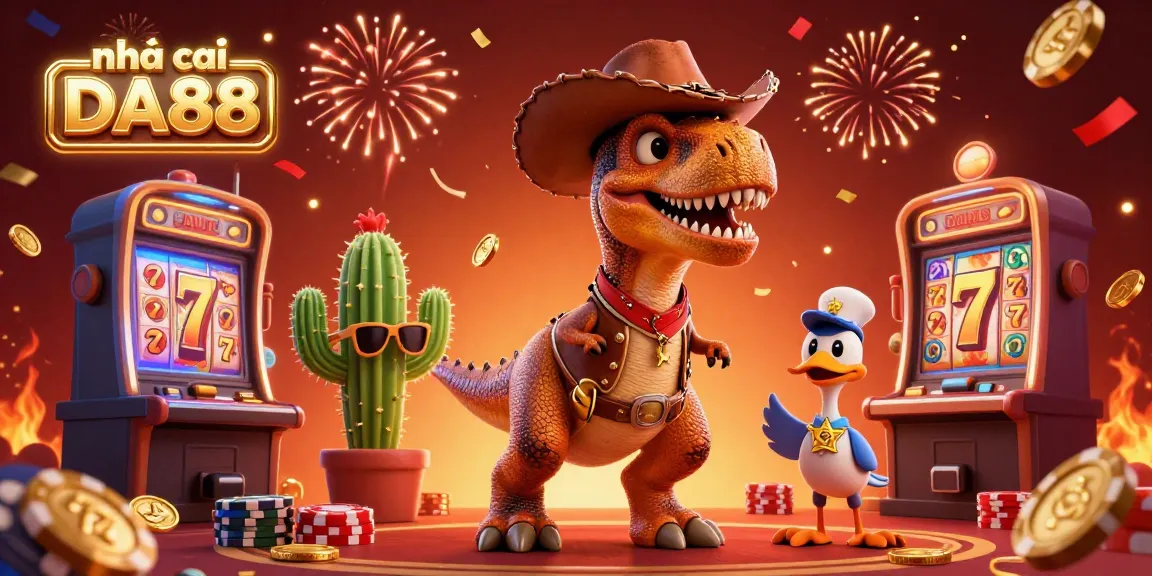 Bet on slots and jackpots at nhà cái DA88 with a vibrant 3D casino scene full of excitement.