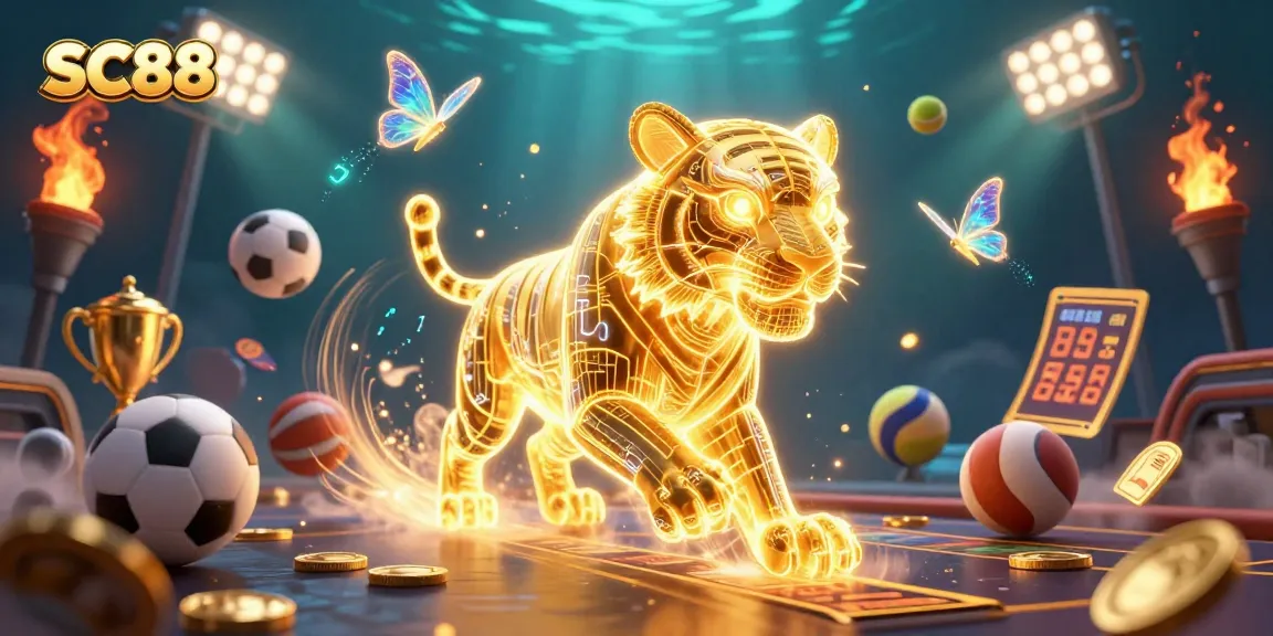 Engage with SC88's dynamic gambling experience featuring a neon golden tiger and animated sports elements.