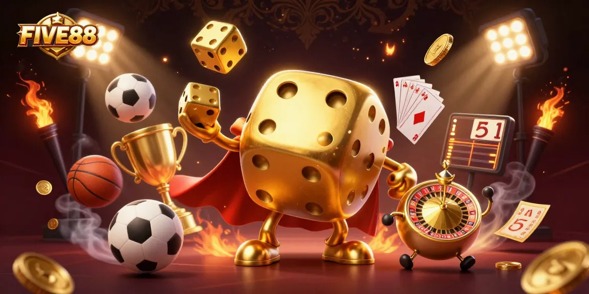 Experience the excitement with FIVE88's dynamic casino scene featuring golden dice and sports elements.