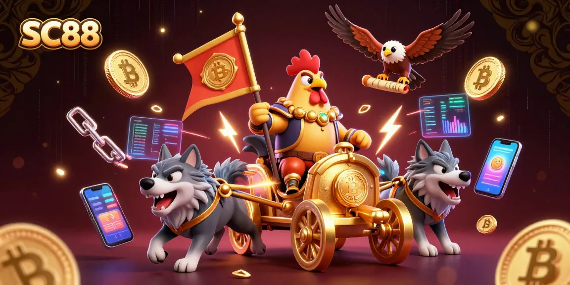SC88 features a dynamic 3D cartoon scene of a rooster warlord amidst electrifying crypto elements.