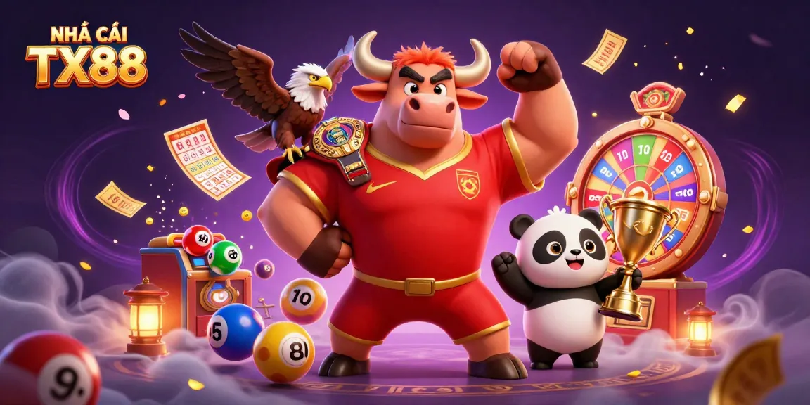 Engage with NHÀ CÁI TX88 in an exciting 3D lottery-themed illustration featuring dynamic characters and game elements.