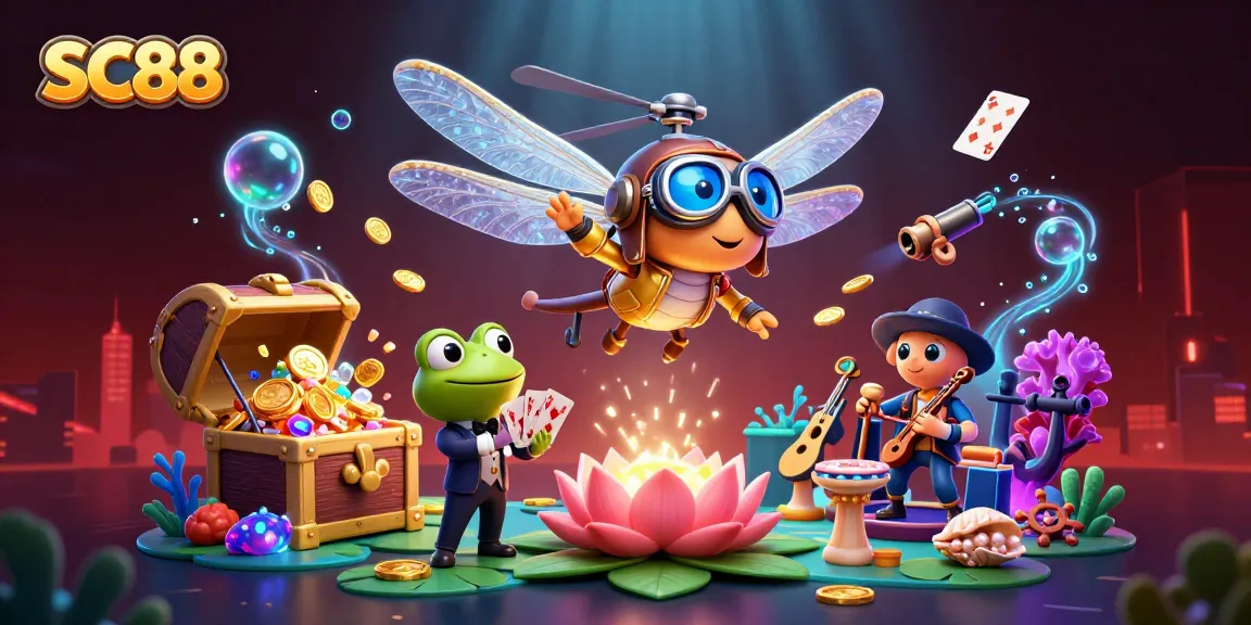 SC88 showcases vibrant gambling energy with frog croupier dealing cards amid underwater treasures.
